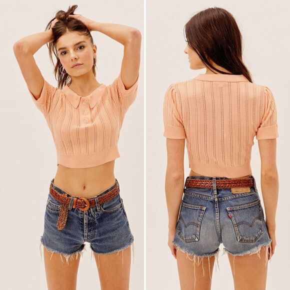 For Love & Lemon Phoebe Pointelle Polo Sweater Sherbet Size M Sweet Coquette - Picture 10 of 15